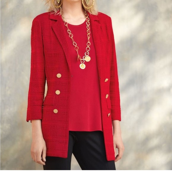 Misook Vibrant Red Blazer with Gold Accents